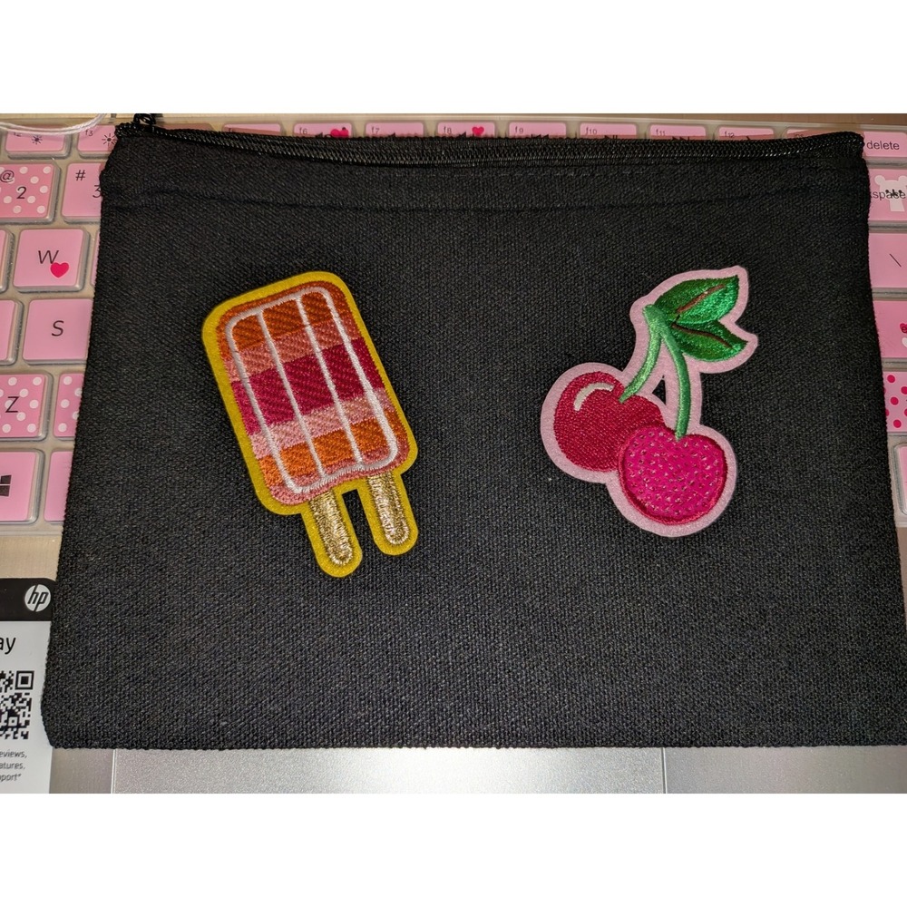 Black Canvas Zipper Pouch with Popsicle and Cherry Embroidered Patches Organizer